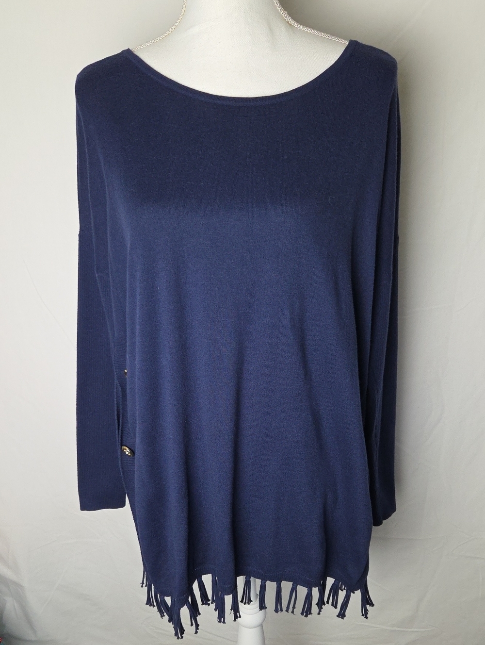 Lilly Pulitzer Navy Ramona Fringe Hem Long Sleeve Sweater Side Button Womens Med